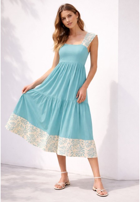 Vestido largo verde agua con tirantes estampados | Bluwer