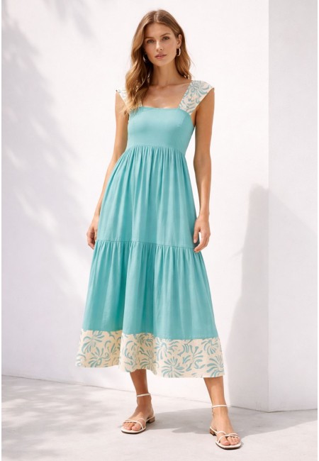 Vestido largo verde agua con tirantes estampados