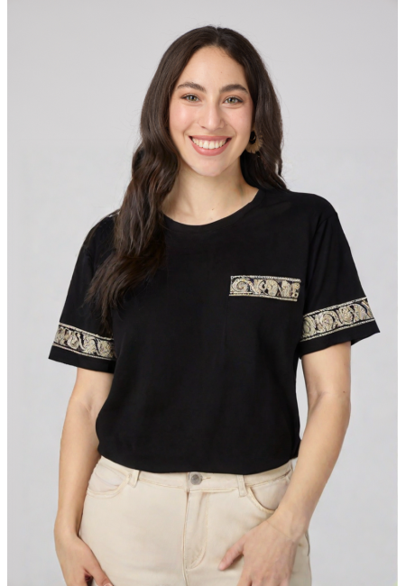 Camiseta negra mujer con detalle étnico  | Bluwer