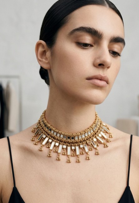 Detalle espejitos mirror work y abalorios dorados del choker artesanal étnico