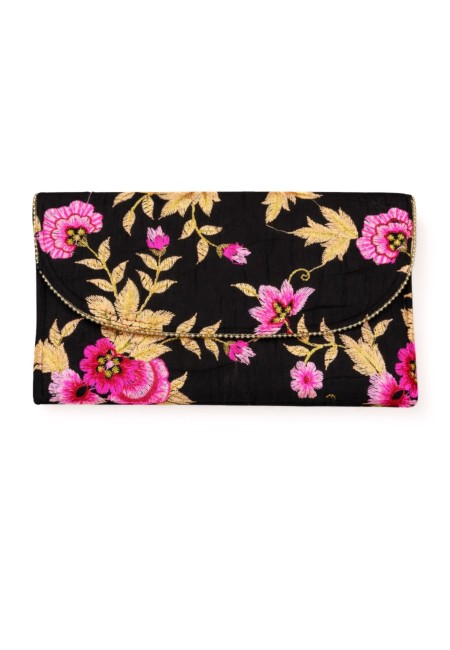 Clutch bordado a mano con flores negro - detalle bordado