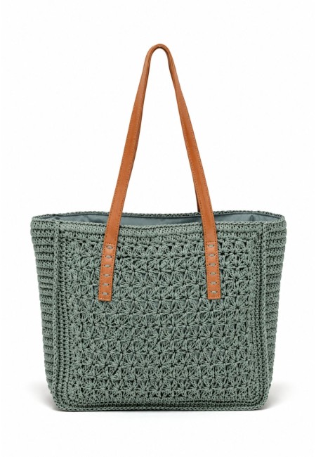 Bolso de rafia verde con asas de cuero – Bolso shopper estilo artesanal 2