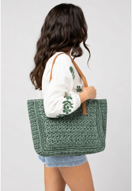 Bolso de rafia verde con asas de cuero – Bolso shopper estilo artesanal