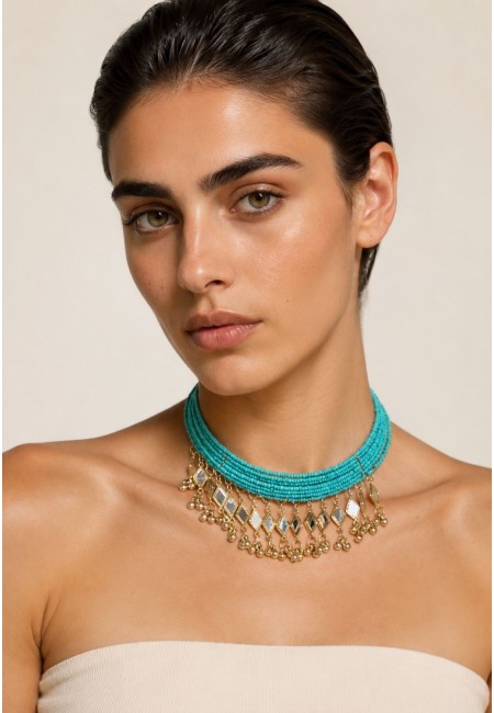 Choker turquesa con espejos y detalles dorados artesanales | Bluwer