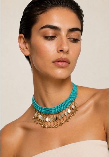 choker turquesa con espejos dorados