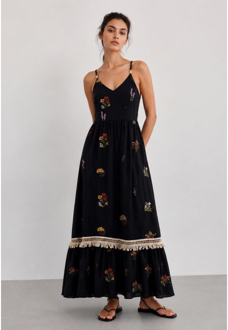 Vestido largo negro bordado 100% algodón | Bluwer