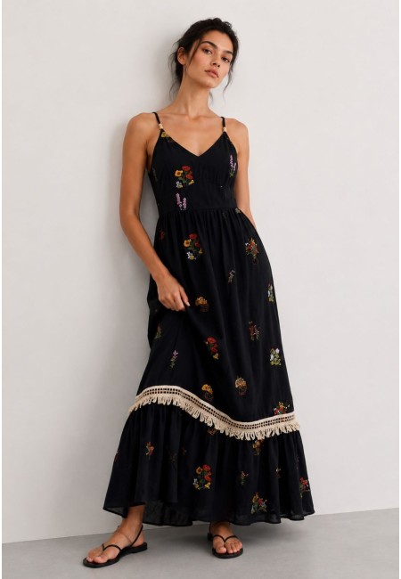 Vestido largo negro bordado 100% algodón | Bluwer