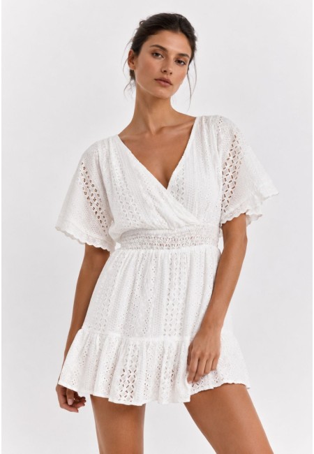 Vestido blanco corto de algodón bordado con pantalón interior | Bluwer