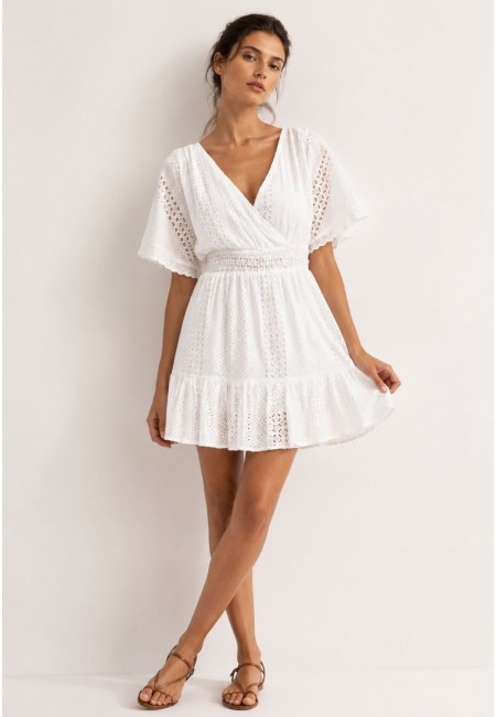 Vestido blanco corto de algodón bordado con pantalón interior | Bluwer