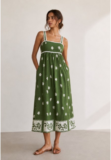Vestido boho verde estampado con espalda ajustable | Bluwer