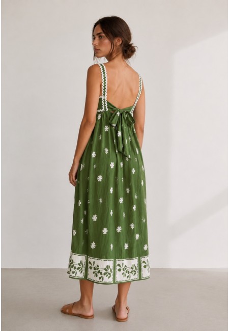 Vestido midi negro estampado con espalda ajustable | Bluwer