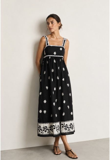 vestido negro midi estampado flores