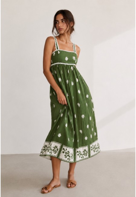 Vestido midi negro estampado con espalda ajustable | Bluwer