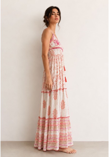 Vestido largo boho blanco bordado coral de viscosa | Bluwer