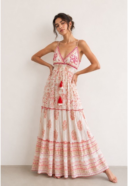 Vestido largo boho blanco bordado coral de viscosa | Bluwer