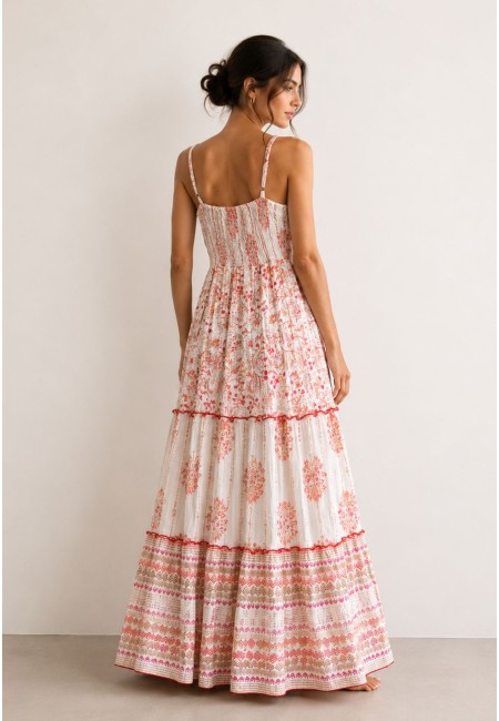Vestido largo boho blanco bordado coral de viscosa | Bluwer