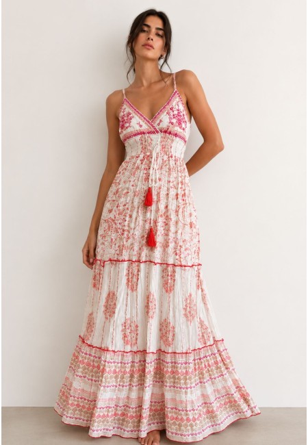 Vestido largo boho blanco bordado coral de viscosa | Bluwer