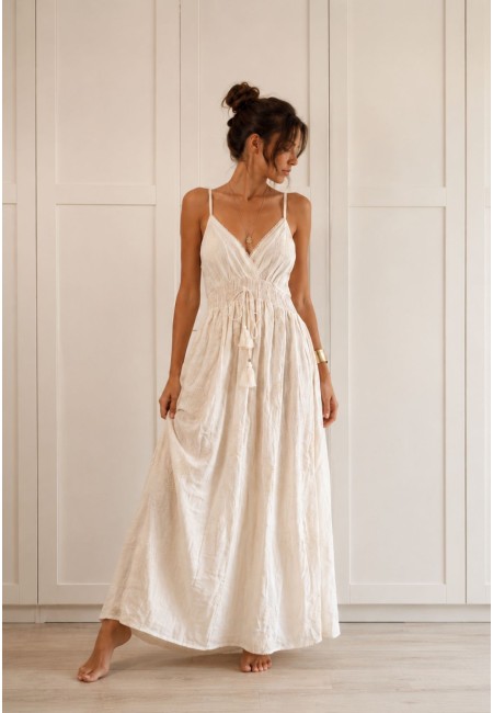 Vestido largo blanco crudo bordado de algodón | Bluwer