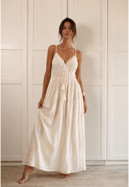 Vestido largo blanco crudo bordado de algodón | Bluwer