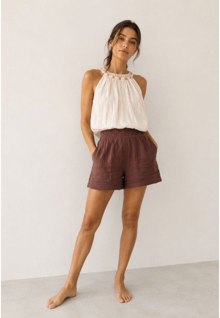 Blusa con lino de cuello halter y conchas | Bluwer