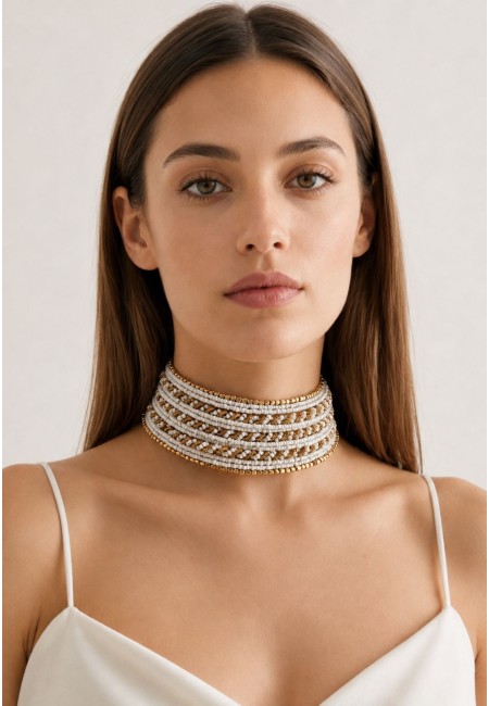 Choker ancho blanco y dorado de abalorios | Bluwer