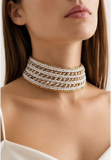 Choker ancho blanco y dorado de abalorios | Bluwer