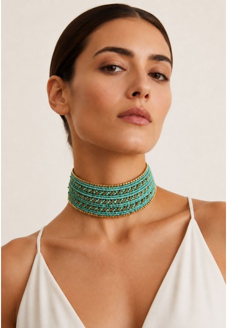 Choker ancho turquesa y dorado de abalorios | Bluwer
