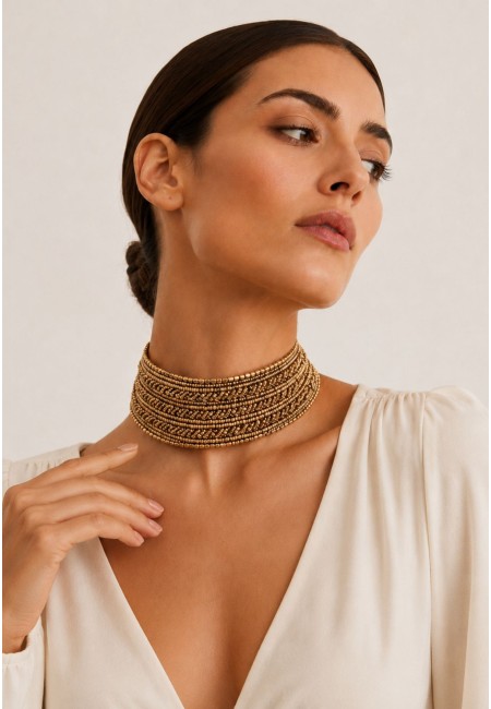 Choker ancho dorado y marrón de abalorios | Bluwer