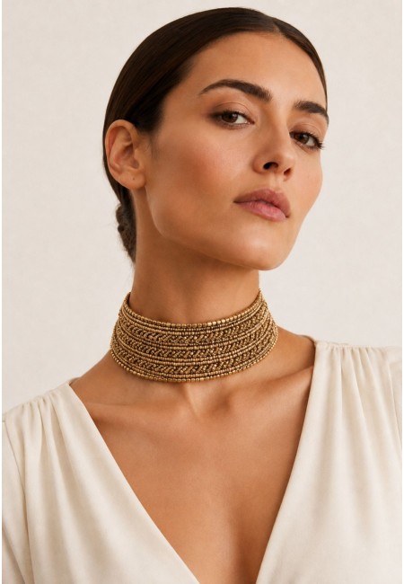 Choker ancho dorado y marrón de abalorios | Bluwer