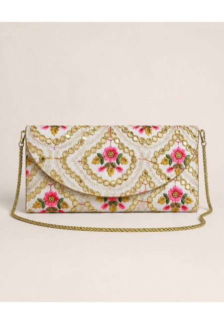 Clutch blanco bordado a mano floral con espejos | Bluwer