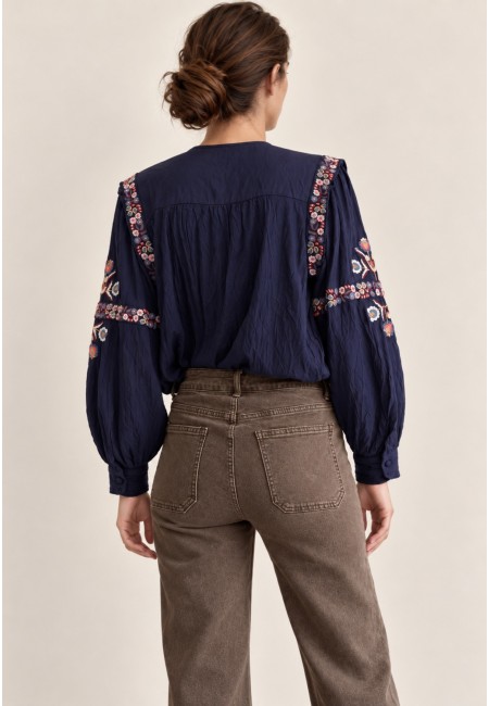 Blusa azul marino bordada de mujer | Bluwer