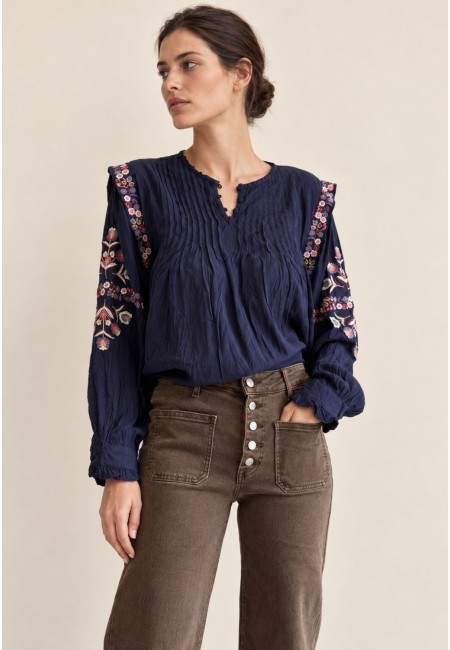 Blusa azul marino bordada de mujer | Bluwer