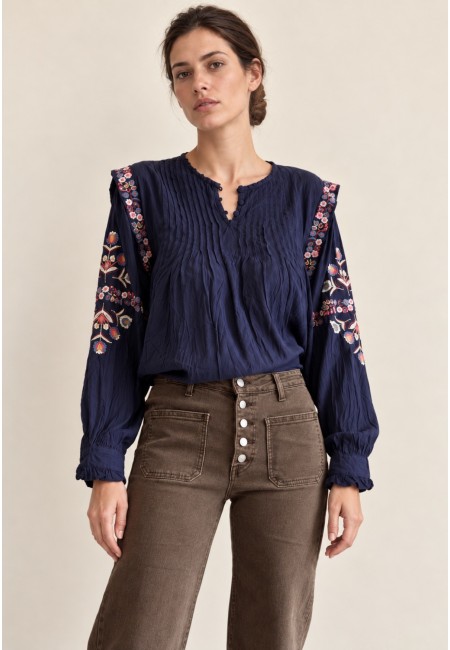 Blusa azul marino bordada de mujer | Bluwer