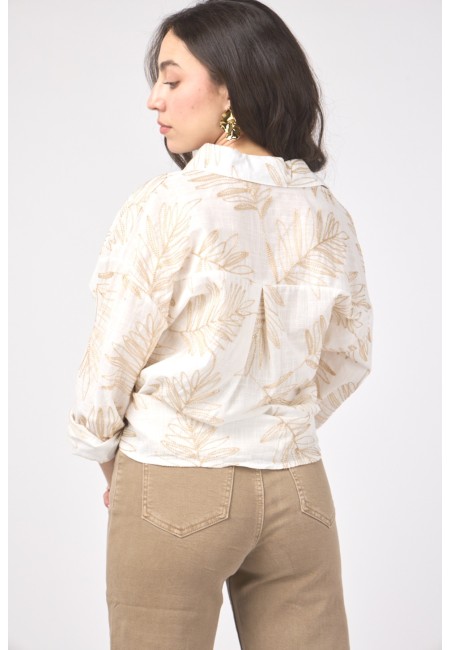 Camisa blanca con bordado de hojas doradas | Bluwer