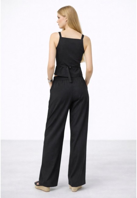 Conjunto de lino mujer chaleco y pantalón negro | Bluwer