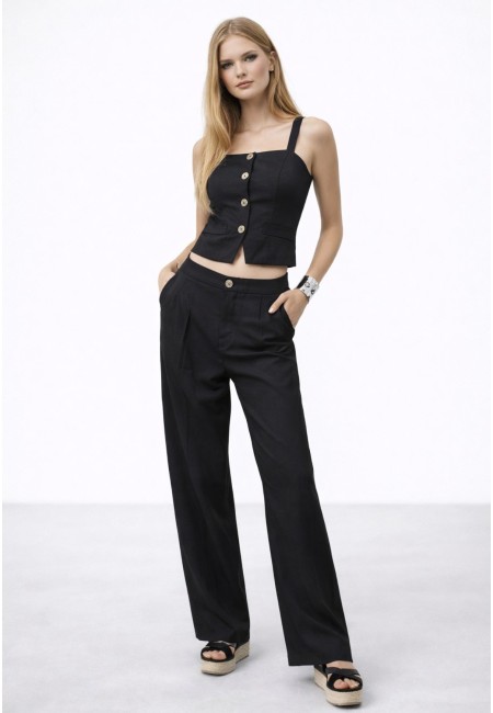 Conjunto de lino mujer chaleco y pantalón negro | Bluwer