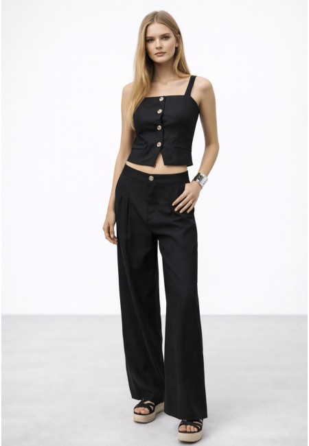 Conjunto de lino mujer chaleco y pantalón negro | Bluwer