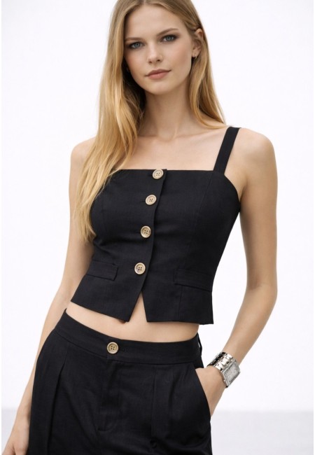 Conjunto de lino mujer chaleco y pantalón negro | Bluwer 2
