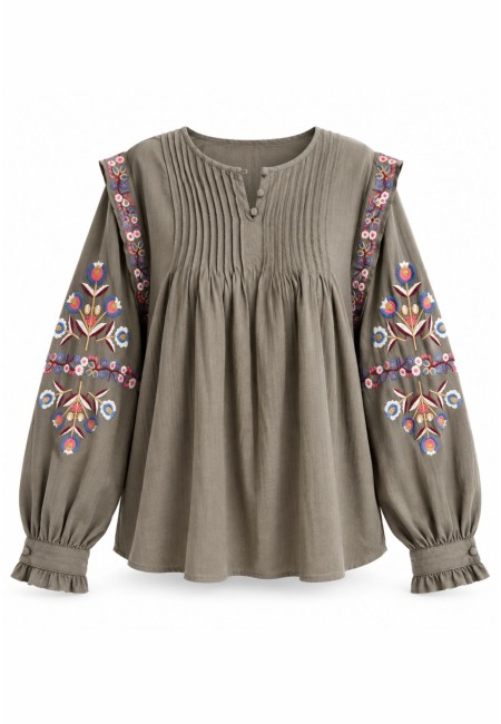 Blusa verde bordada de manga larga | Bluwer