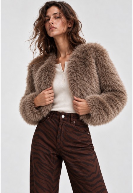 Chaqueta torera de pelo sintético topo| Bluwer