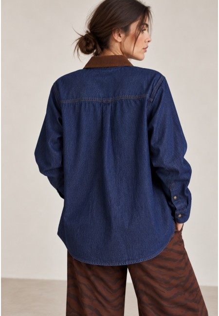 Camisa vaquera bordada con cuello marrón efecto pana | Bluwer