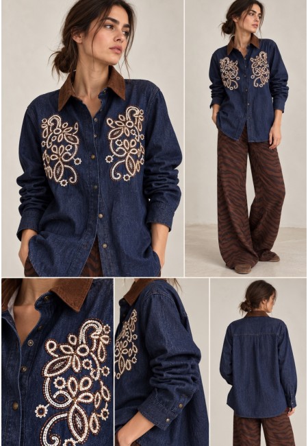 Camisa vaquera bordada con cuello marrón efecto pana | Bluwer