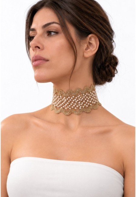 Choker ancho de perlitas en ondas - vista frontal con modelo 2