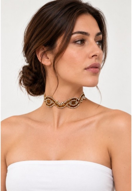 Choker dorado fino de abalorios reflectantes y cristales