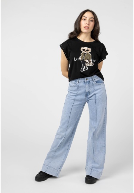 Camiseta negra oso bordado con tachuelas | Bluwer