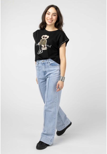 Camiseta negra oso bordado con tachuelas | Bluwer
