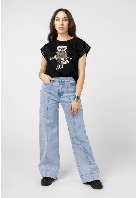 Camiseta negra oso bordado con tachuelas | Bluwer