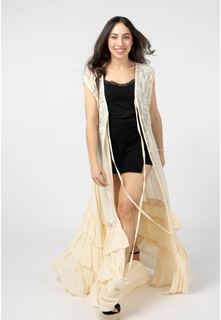 Kimono largo bordado con pedrería color crema | Bluwer