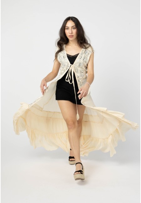 Kimono largo bordado con pedrería color crema | Bluwer