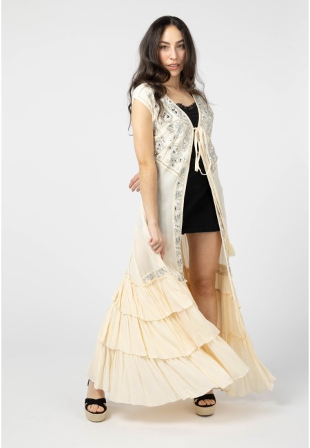 Kimono largo bordado con pedrería color crema | Bluwer